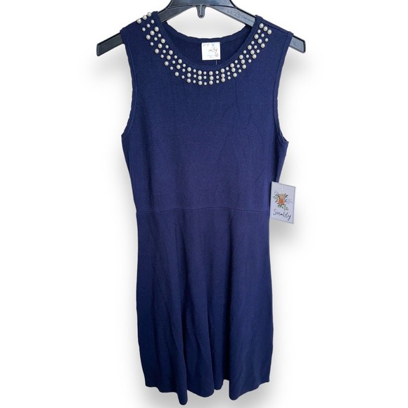 1940s Navy High Waist Retro Pearl Sleeveless Womens XL Sweater Dress - Picture 13 of 15